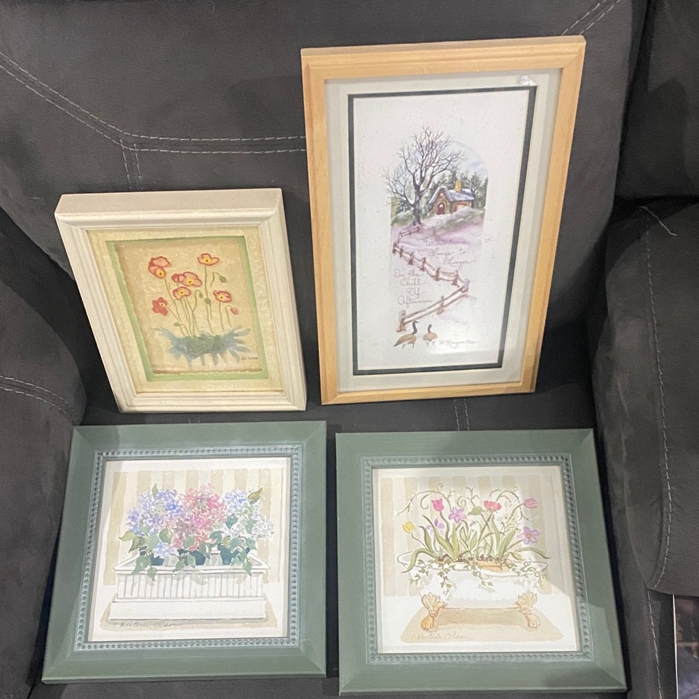 Set of Framed Floral and Winter Scene Art Prints